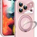 Silicone 360 Spin Magnetic Stand Case for iPhone 17 Pro Max, [Compatible with Mag-Safe][Reinforced Hard Camera Protection] Liquid Silicone Rubber Phone Cover with Ring, Camera Button, Pink