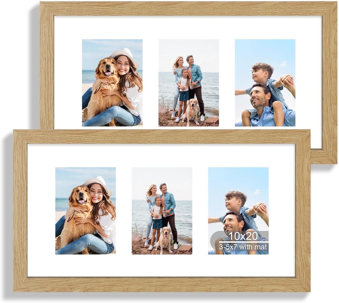 Hongkee 10x20 Picture Frame Set of 2, Natural Oak Wood Frame with Real Glass Collage Frame, Display Pictures Three 5x7 With Mat or 10 x 20 Without Mat - Horizontal or Vertical Wall Mounting, 10x20 in matted to 3-5x7