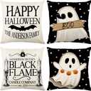 Happy Halloween Pillow Covers 16 x 16 Inch Set of 4 Boo Ghost Bats Black Flame Throw Pillow Covers Indoor Outdoor Decorative Pillow Case for Sofa Couch Bed Living Room Halloween Decor (White and Black)