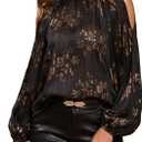 GORGLITTER Women's Cold Shoulder Tops Blouse Fall Dressy Casual Lantern Long Sleeve Mock Neck Pleated Work Shirt Tops (X-Large, Black and Gold)