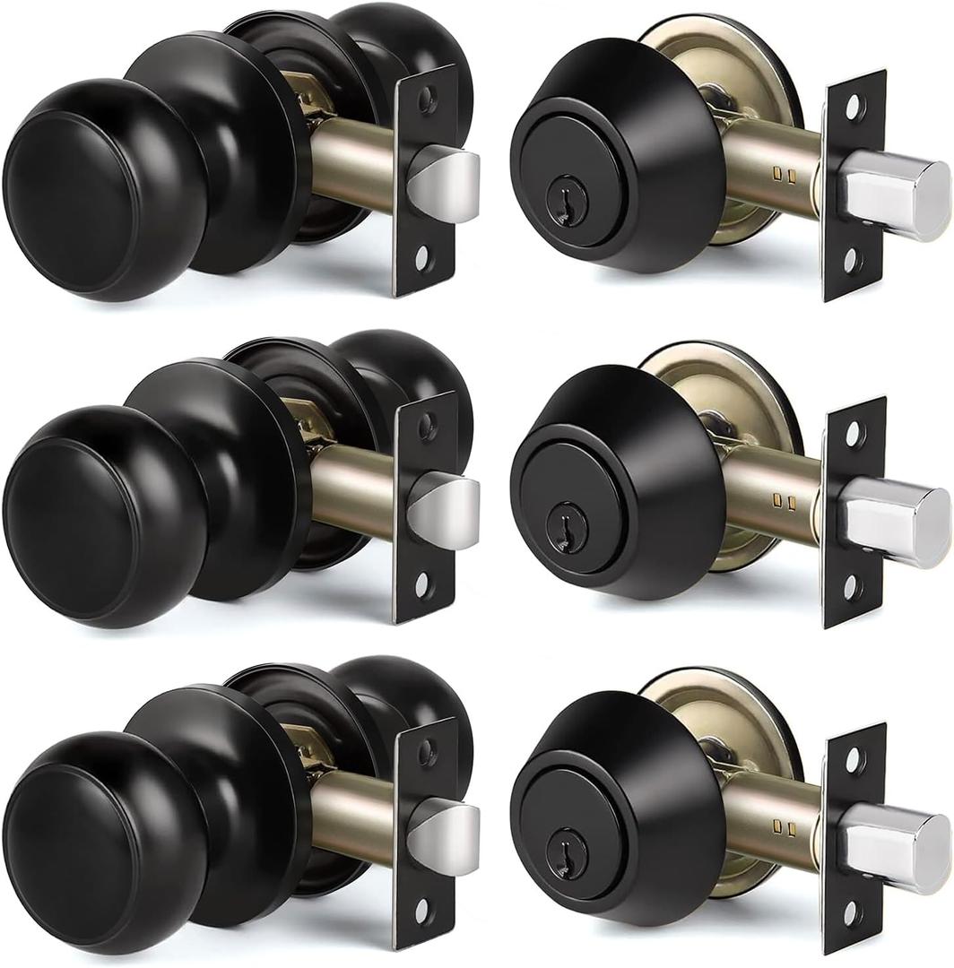 CML Hardware 3 Pack Keyed Alike Deadbolt Lock and Passage Door Knob Set, Entry Deadbolt Door Lock Combo Set, for Interior and Exterior Door, Matte Black