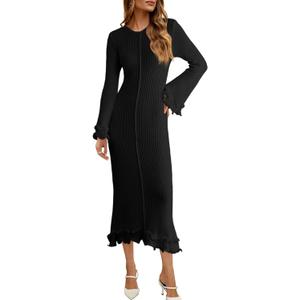 Saodimallsu Women's Bell Long Sleeve Knit Dress Ruffle Bodycon Ribbed Cocktail Party Crew Neck Midi Sweater Dresses (Small, Black)