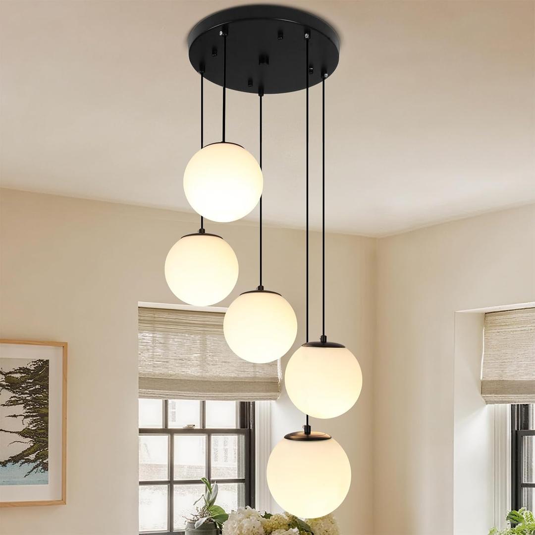 5-Lights Cluster Globe Glass Chandelier, Mid Century Black Pendant Lights with Milk White Glass, Modern Cluster Pendant Hanging Light for Staircase Dining Room Living Room, Adjustable Height