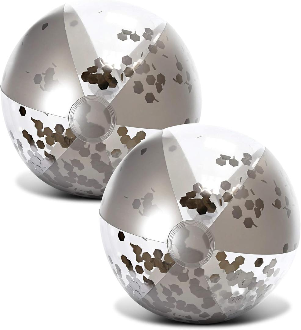 POZA Inflatable Beach Balls - Elegant Glitter Confetti Premium Floaters, Heavy Duty Vinyl Floatation Pool Toys for Pool Beach Party, UV Resistant Pool Dcor (16", Silver)