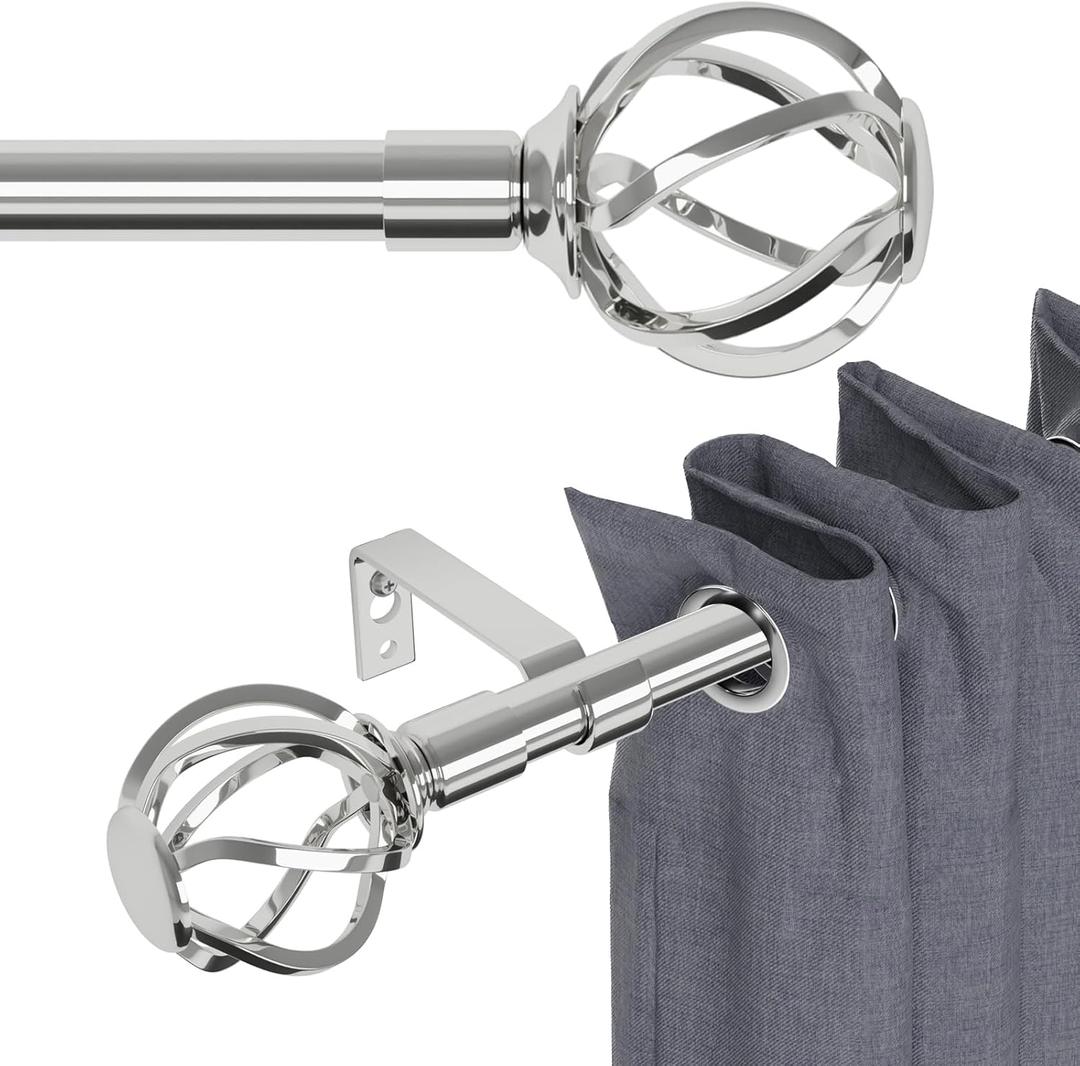 Silver Curtain Rods for Windows 66 to 120 with Cage Finials, Heavy Duty Curtain Rod with Splicing Adjustable, Decorative Curtain Rods for Outdoor Patio, Sliding Glass Door, 5/8" Diameter (Chrome)