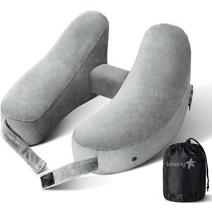 Sunany Travel Neck Pillow for Airplane Pillow Comfortably Supports Head, Neck and Chin, Inflatable Travel Pillow with Soft Velour Cover and Portable Drawstring Bag (Grey, H-Shape)