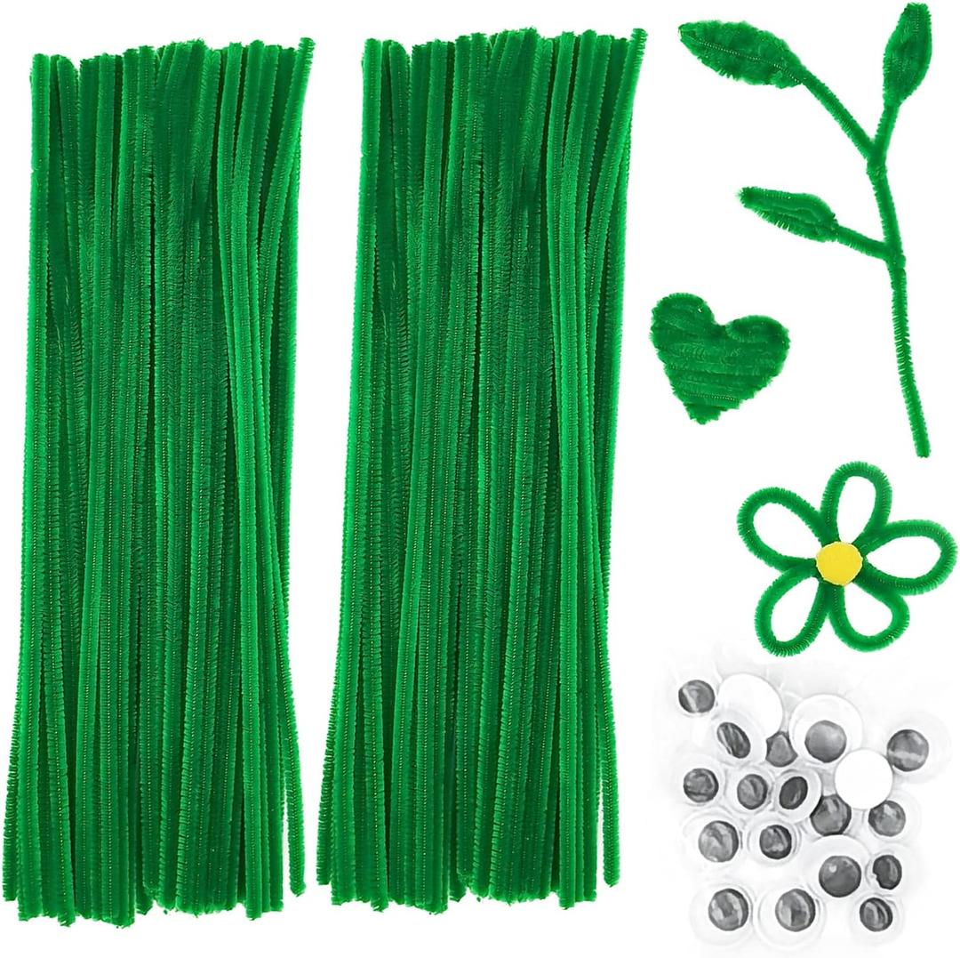 Cldamecy 200 Pieces Pipe Cleaners Set with 20 pcs Googly Eyes,Green Chenille Stems Pipe Cleaners Supplies for DIY Craft Projects and Decorations