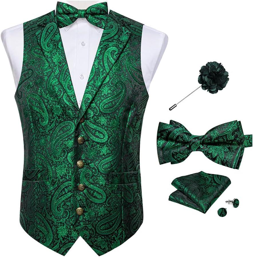 DiBanGu 5PCS Men's Suit Vest and Bow Tie Pocket Square Cufflinks Lapel Pin Set Shawl Collar Paisley Waistcoat Wedding Party (Small, Green)