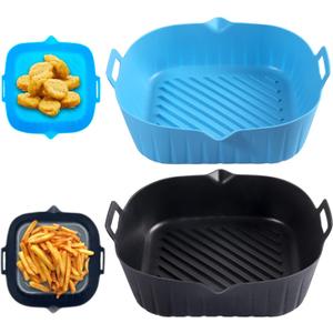 Square Silicone Air Fryer Liners 2 Pack, Heavyweight and thickened 7 Inch Air Fryer Liners,Reusable Silicone Basket, Air Fryer Accessories(Black&Blue)