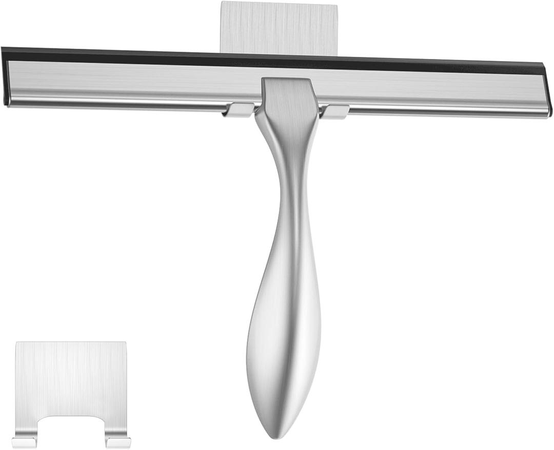 peafowl Shower Squeegee Stainless Steel Bath Squeegee for Shower Glass Doors Bathroom Windows Kitchen Mirror and Car Glass with Hooks Holder (10 inch, Brushed Silver)