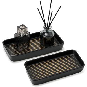 Bathroom Vanity Tray for Countertop,2PC Rectangle Striped Tray, Decorative Bathroom Organizer for Scrubber, Lotion Bottles, Perfume, Jewelry, Candle, Key Trinket Ring(Small, Black) (Black Color With Golden Stripes-2 Pcs)