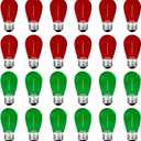 S14 Colored LED String Light Bulbs, 24-Pack 1W Plastic Shatterproof Waterproof Outdoor Indoor Replacement Bulbs for Home Decor, E26 Medium Screw Base, Red and Green Christmas Bulbs