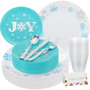 175pcs Christmas Dinnerware Set Disposable for 25 Guests, Blue and White Christmas Plates Includes 25 Dinner Plates, 25 Blue Snowflake Dessert Plates, 75 Silverware Set, Cups and Place Cards