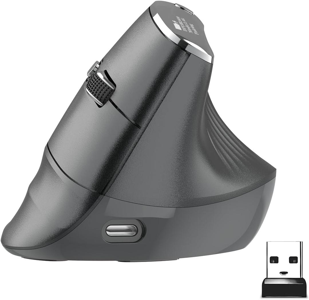 Eelexa New Dual Mode Ergonomic Mouse, Rechargeable Bluetooth Vertical Ergo Mouse Wireless 5 Adjustable DPI, Silent 2.4 GHz Optical Carpal Tunnel Mouse for Compatible with Laptop, PC (Right Hand)
