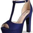 IDIFU Women's IN5 Polly Platform Chunky High Heels T-Strap Sexy Sandals Peep Toe Wedding Party Prom Dress Shoes for Women Bride (Blue Suede, 9.5 US)