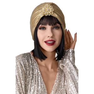 BABEYOND Women's Turban Hat with Crystal Vintage Head Wrap Knit Pleated Turban Gold