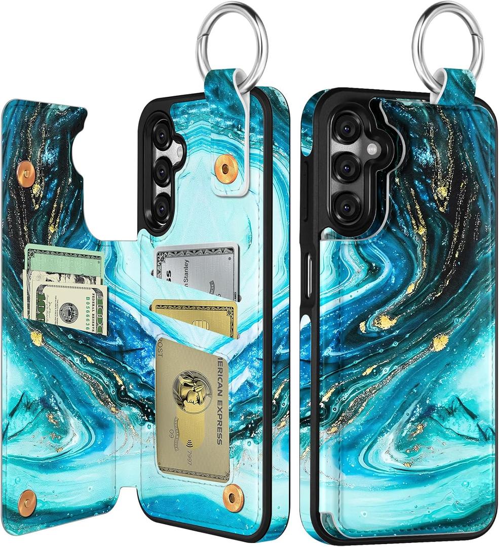 Shorogyt for Samsung Galaxy A15 5G Wallet Case with Card Holder - Designer Marble Pattern Kickstand Magnetic Clasp Back Flip Folio Leather Phone Cases for Galaxy A15 5G for Women Men Girls Cyan