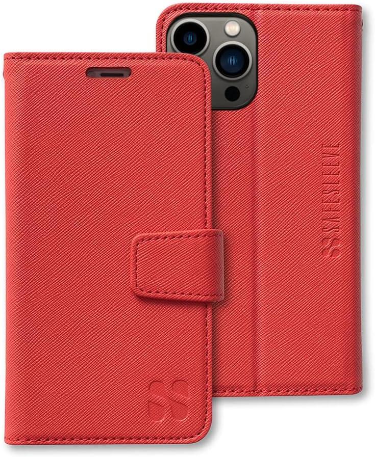 SafeSleeve Wallet Leather Case for iPhone 13 Pro, 13 EMF Blocker for Cell Phone with 3 Card Holder & Adjustable Stand  Magnetic Closure, and Magnetic Folio Protection for Daily Use (Red)