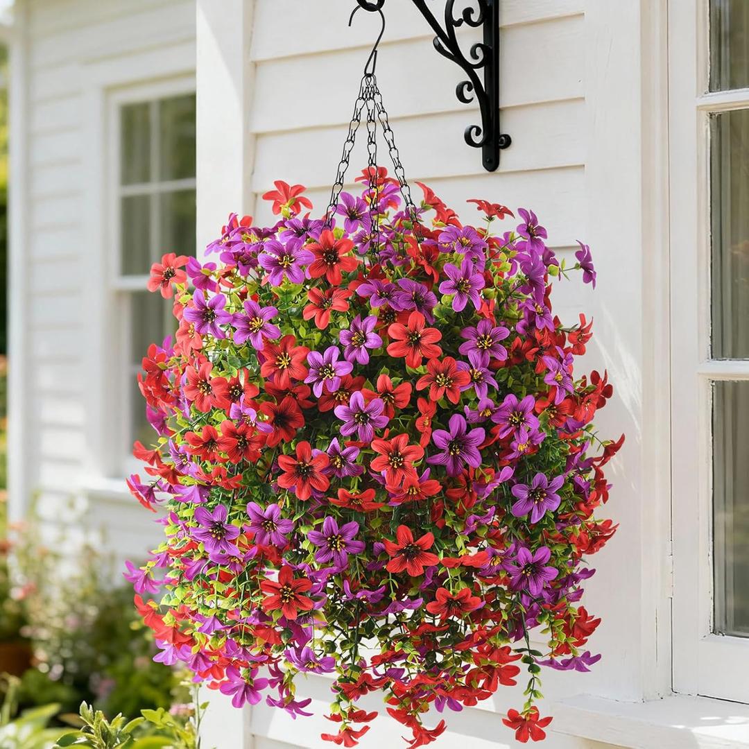 Artificial Hanging Baskets Outdoor, 4 Bundles Artificial Hanging Flowers Outdoors Spring Summer Decoration, No Fade Realistic Fake Hanging Baskets for Porch Patio Balcony Home Yard Decor