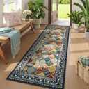 Bohemian Geometric Floral Runner Rug 2x6, Machine Washable, Soft Low Pile, Non-Slip Carpet for Laundry, Bedroom, Bathroom, Entryway | Blue