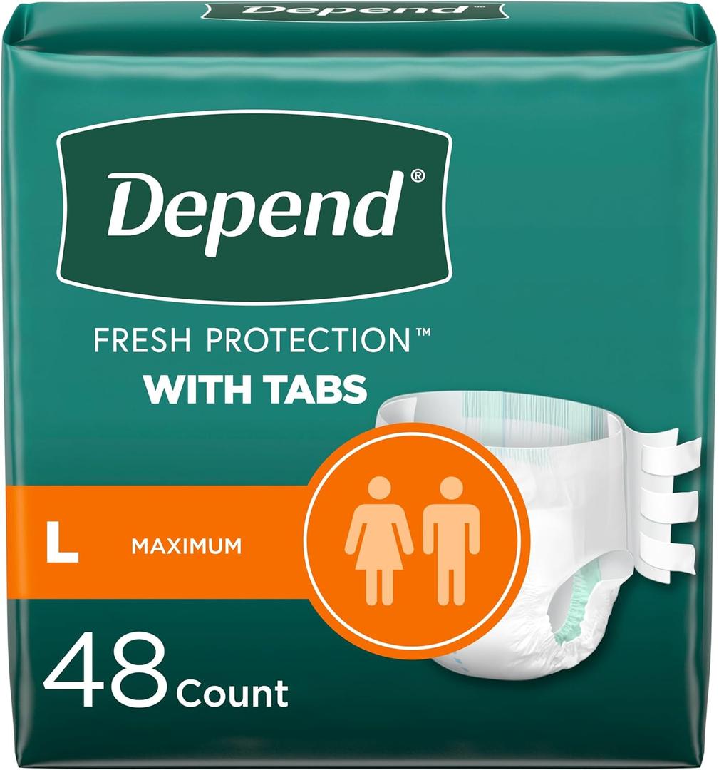 Depend Incontinence Protection with Tabs, Unisex, Large (3549" Waist, over 170 lbs), Maximum Absorbency, 48 Count (3 Packs of 16)