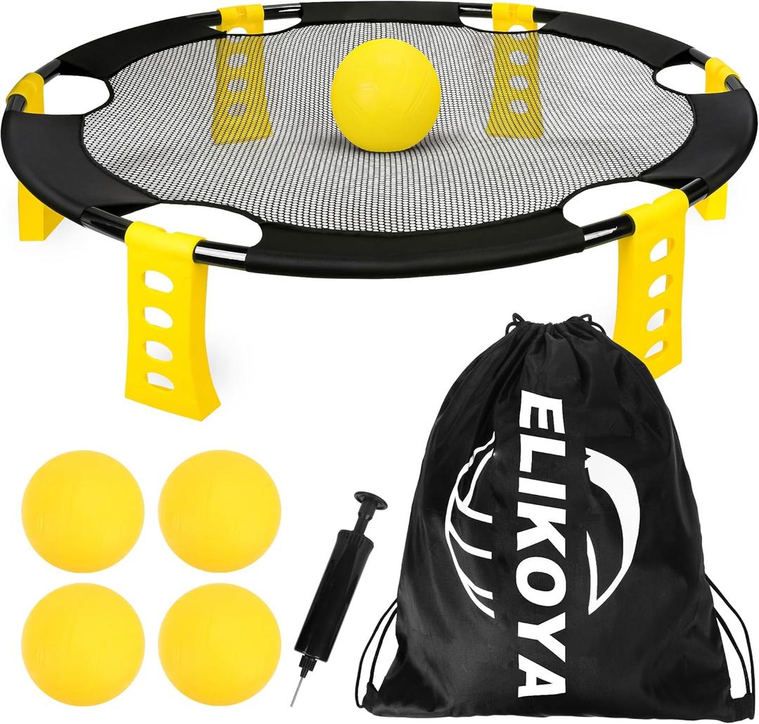 Elikoya Outdoor Beach Ball Game Includes 4 Balls, Net and Carrying Bag - Roundnet Yard Games Set for Adults, Kids, and Family - Perfect for Beach, Yard, Lawn, Backyard, and Park