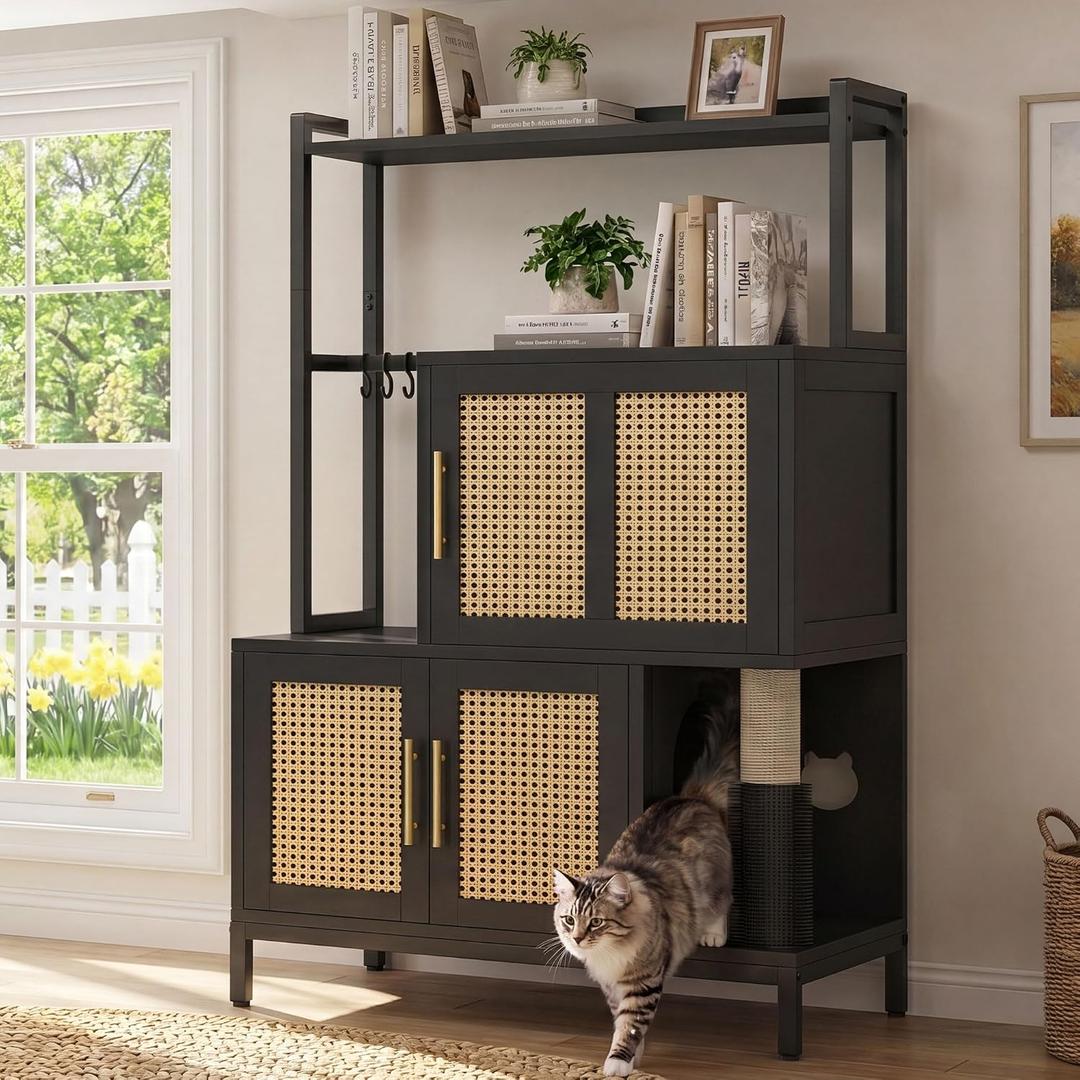 Heybly Cat Litter Box Enclosure with Cat Tree & Storage Shelf, HCLB003BK | Large Double Hidden Litter Box Furniture with Scratching Post, Hooks, Cat Litter Cabinet (30.7" x 17.7" x 56.3"), Black