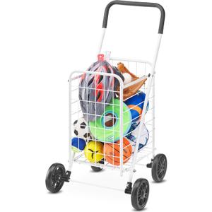 Whitmor Folding Utility Shopping Cart with Wheels, Heavy Duty Metal Grocery Cart, Portable Foam Handle, Rolling Collapsible Trolley for Groceries, Laundry, Storage, White