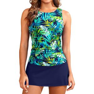 Daci Womens Tankini Swimsuits with Skirt - Two Piece Tummy Control Bathing Suits High Neck Swimwear (Blue, XL)