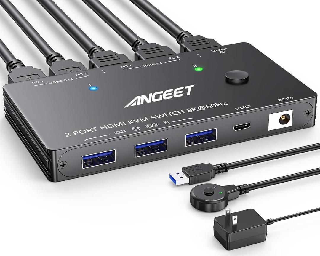 HDMI KVM Switch 2 Port 8K@60Hz 4K@120HzANGEET HDMI 2.1 KVM Switch for 2 Computers Share 1 Monitor and 3 USB 3.0 DevicesHDCP 2.3HDR 10with Wired Remote and 2 USB3.0 Cable