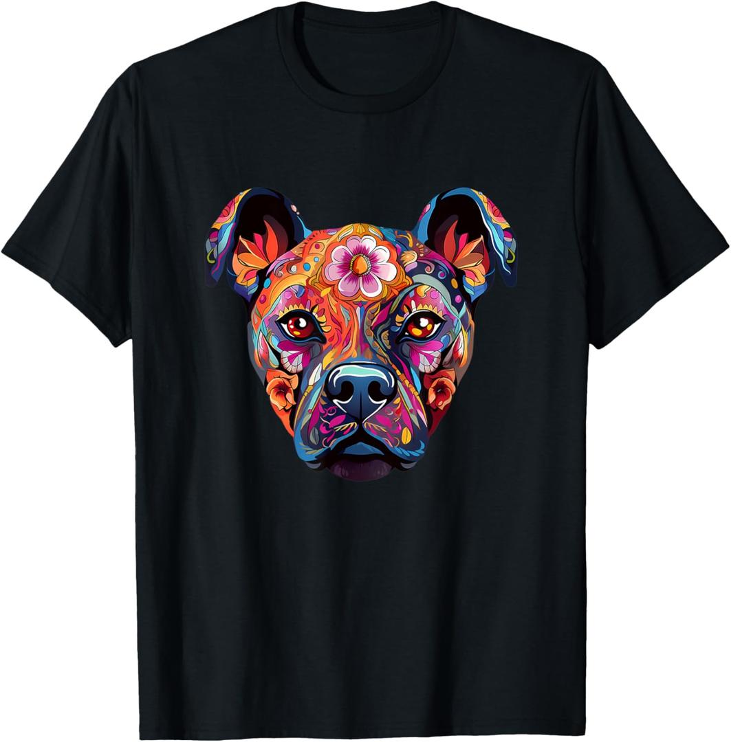 Halloween, Pit Bull, Sugar Skull, Funny, Dogs, Flowers T-Shirt