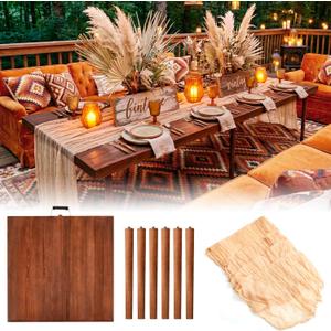 Sintuff 8 Person Boho Table Low Folding Picnic Table Beach Portable Low Wood Floor Event Foldable Garden Wedding Party Camping Picnics with Runner Set(Dark Brown, 30 x 60 Inches, Vertical Stripe) (Walnut Color)