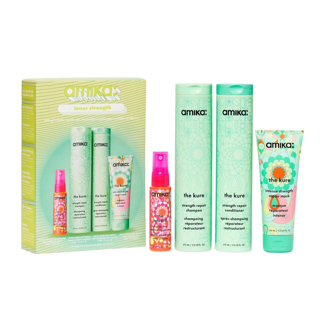 amika inner strength repair routine set | gift set for dry, damaged hair from bleach, color, chemical, or heat use