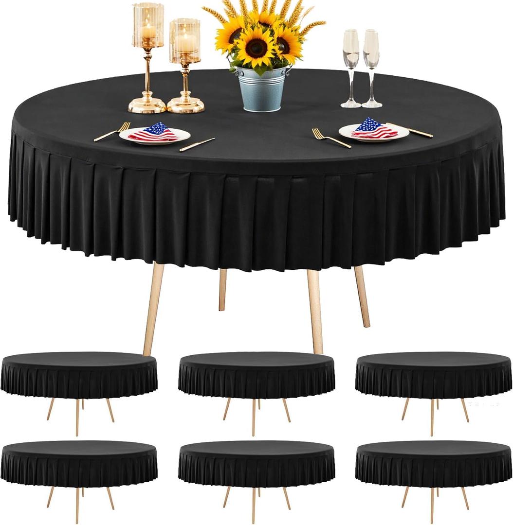 PARTISKY 6 Pack Black Round Spandex Tablecloths for 72 inch Table, Wrinkle Free 6FT Round Table Cloths Stretchy Fitted Table Cover with Skirt for Wedding Birthday Graduation Party Banquet