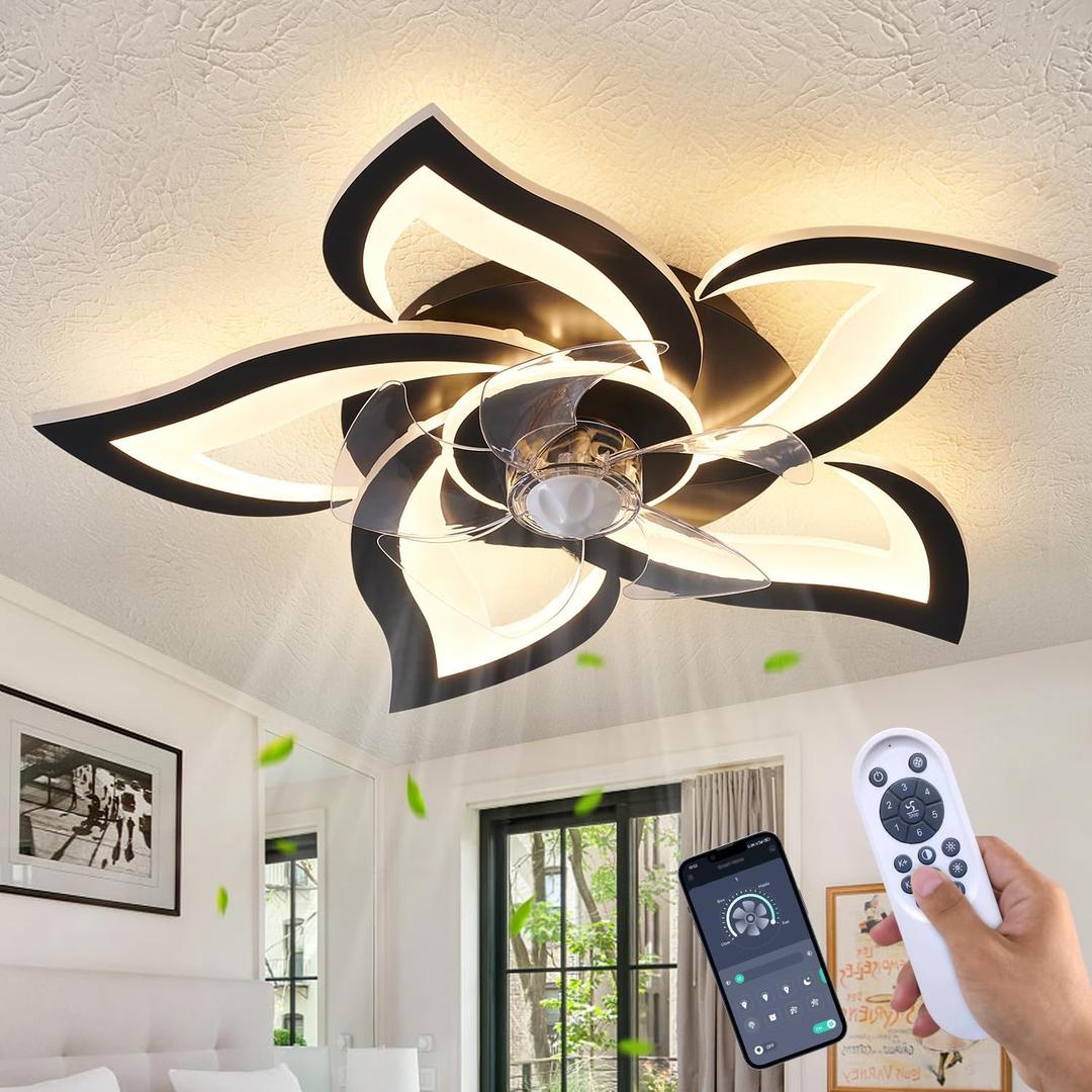 24" Geometric Ceiling Fan with Lights Remote Control, 6 Speeds 3 Colors Black Low Profile Ceiling Fan with Light for Kitchen Bedroom Living Room, Small Large