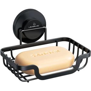 LEVERLOC Soap Dish, Soap Bar Holder for Shower Suction Cup Wall Mounted, Stainless Steel No-Drilling Removable Waterproof Sponge Holder for Bathroom Bathtub Kitchen Sink, Keep Dry, Black (5.7" * 4.8")