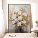 Hand-Painted White and Gold Flowers Oil Painting On Canvas for Living Room,Large 3D Floral Wall Art for Office,Framed Golden Leaf Textured Artwork for Bedroom Wall Decor 32x48inch