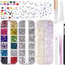 Hair Face Gems Rhinestone with Makeup Glue, Flat Back Colorful Jewels Crystal Rhinestone Half Round AB Pearl Kit, Wax Pencil Tweezer and Brush for Face Eyes Hair Body Makeup