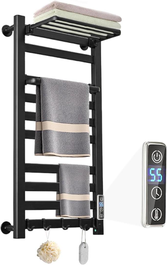 Heated Towel Rack for Bathroom Towel Warmer Racks Wall Mounted with Shelf,Timer & Temperature Multi-Level Adjustments with 10 Bars for Bathroom Shower Hot Tub(Black)