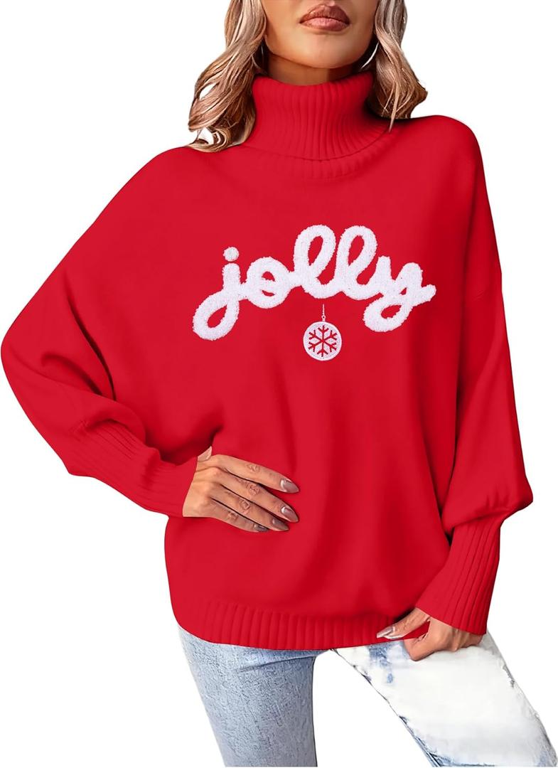 Christmas Sweaters for Women Merry Sweater: Oversized Turtleneck Sweaters 2025 Long Batwing Sleeve Xmas Pullover Tops (Red-4)