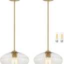 YSHomeStunn 10" Mid Century Modern Pendant Light 2 Pack Clear Vintage Pendant Lights Kitchen Island Ribbed Glass Pendant Light Adjustable Hanging Pendant Light for Dining Room Bedroom (Bulb Included)