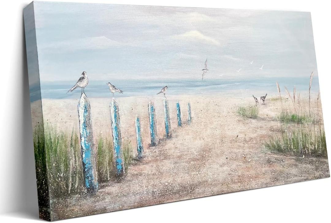 Waowumar Seascape Canvas Wall Art Hand-Embellished Coastal Ocean Painting, 40x20 Inch Textured Beach Decor for Living Room & Bedroom