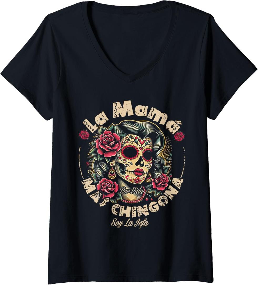 Womens La Mam Mas Chingona V-Neck T-Shirt (Small)
