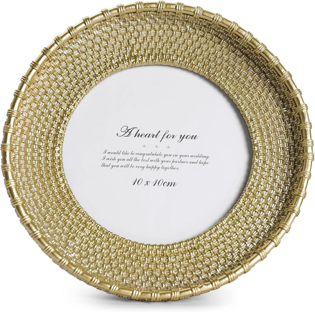 Cuspin Round Picture Frame 4x4 Vintage Gold Frames, Rattan Textured Hand-Crafted Photo Frame with Glass Front, Antique Picture Frame for Tabletop Display & Wall Display, Retro Design Home Decor