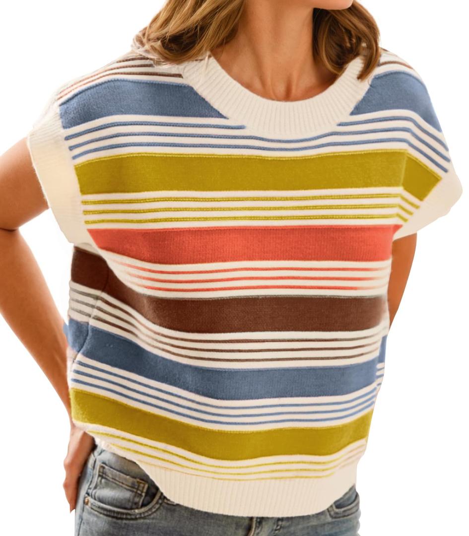 FireSwan Womens Cap Sleeve Sweater Vest Striped Color Block Loose Tank Tops Trendy Vacation Outfits Cute Summer Spring Top (Size M)