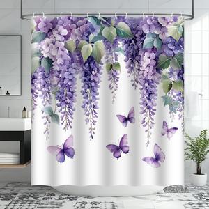 Purple Floral Butterfly Shower Curtain Lavender Weeping Wisteria Blossom Vine Spring Watercolor Fabric Bathroom Decor Curtain with Hooks, 70Wx70H
