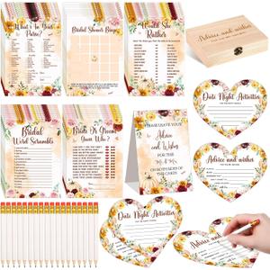 Estune 322 Pcs Bridal Shower Games Set for 50 Guests Includes Bingo, Scramble, Would She Rather, What's in Purse, Advice and Wishes Wedding Games Double Sided with Wooden Box, 20 Pencils(Fall in Love)