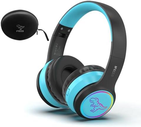 IFECCO Wireless Kids Boys Headphones with Microphone, Cute Light Up Dinosaur Children Boys Bluetooth Headphones with Case for School Travel Gifts