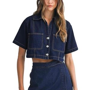 POTILI Women's Denim Top, Short Sleeve Cropped Denim Jacket Button Down Casual Jean Jacket Shirt with Pocket, Large