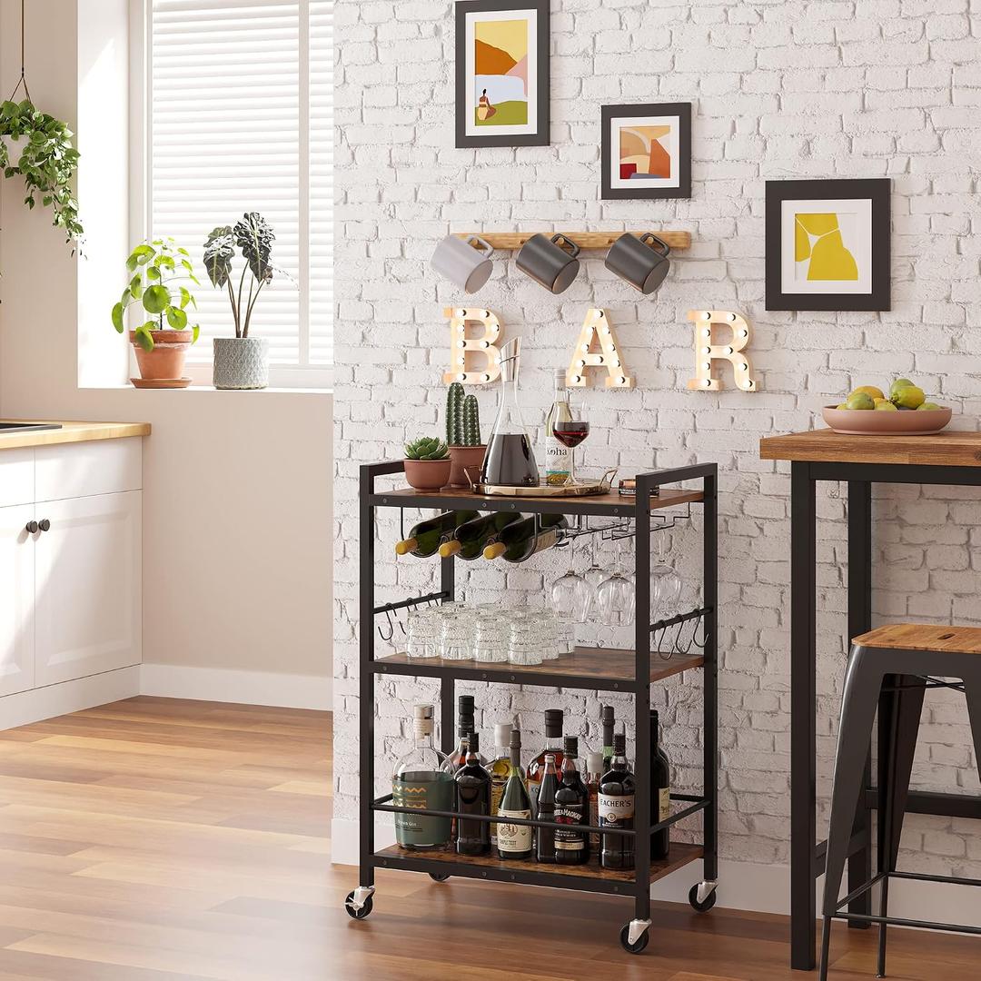 TUTOTAK Bar Cart, Serving Cart for Home, Microwave Cart, Drink Cart, Mobile Kitchen Shelf with Rack and Glass Holder, Rolling Beverage Cart BC01BB030, 13"d X 23.7"w X 32.7"h